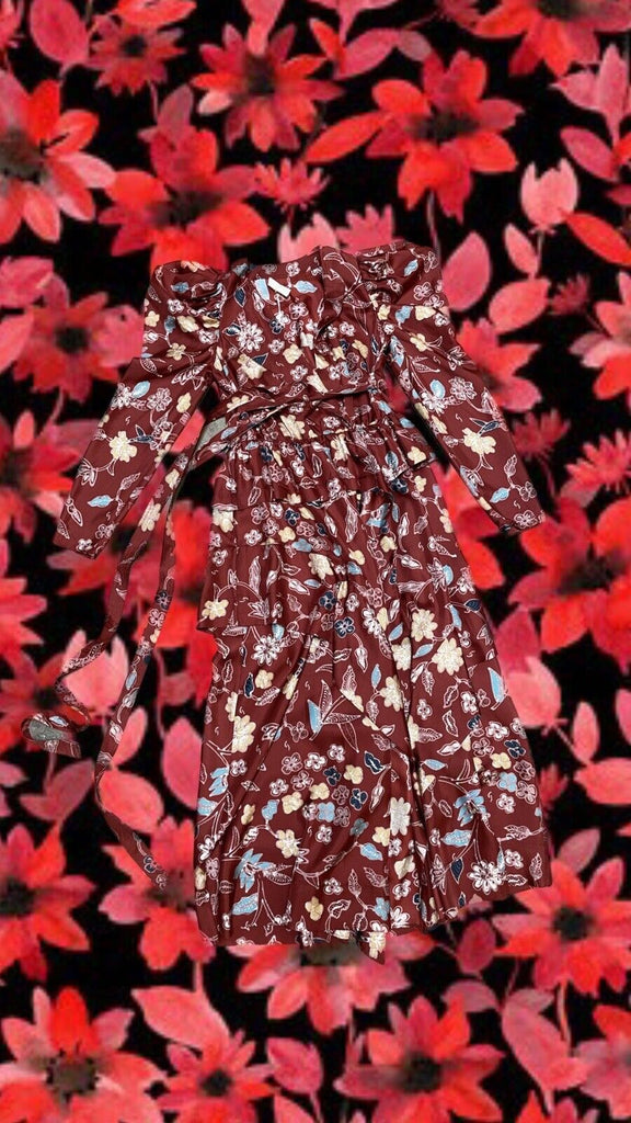 ULLA JOHNSON NWT Virginie Red Silk Floral Print Long Sleeve Ruffle Maxi Dress 2