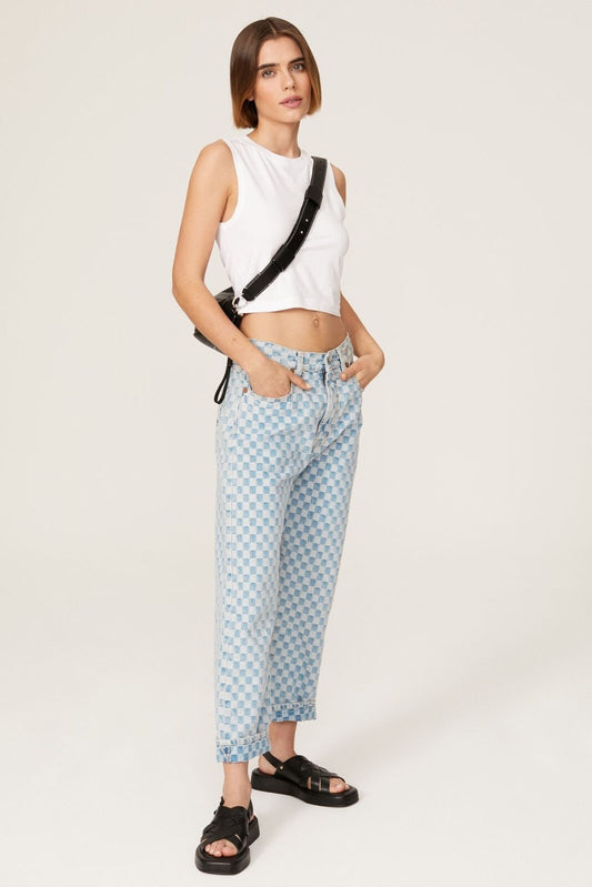R13 Checkerboard Boyfriend Check Print Light Blue Wash Straight Relaxed Jean 25