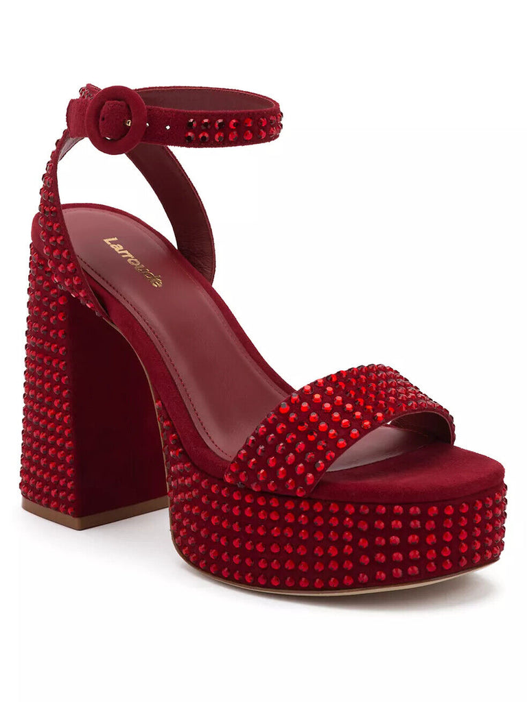 LARROUDE NWB Dolly Lipstick Red Crystal Rhinestone Suede Platform Sandal Heel 7