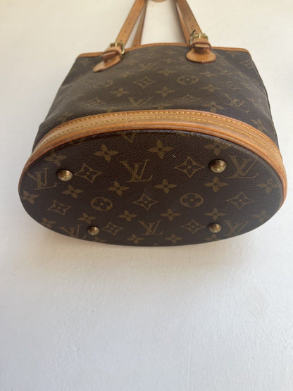 LOUIS VUITTON Petit Bucket Brown Canvas Leather Monogram Shoulder Bag Tote Purse
