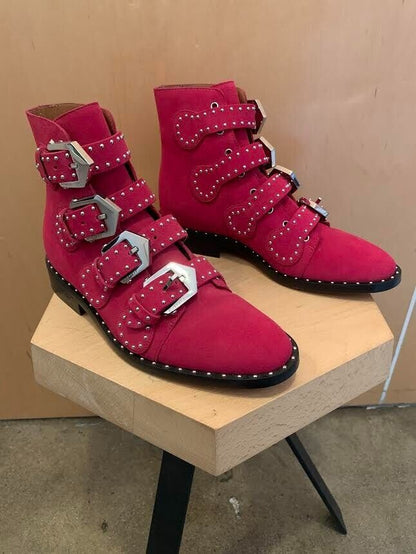 GIVENCHY Fuchsia Pink Bottine Elegant Studded Leather Ankle Moto Biker Boots 35