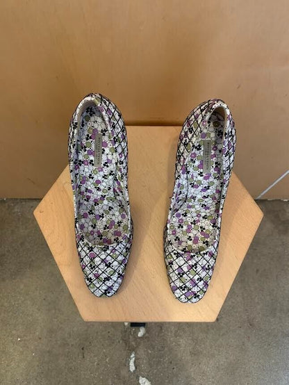 BOTTEGA VENETA Green Purple White Floral Print Quilted Leather Heel Stiletto 38
