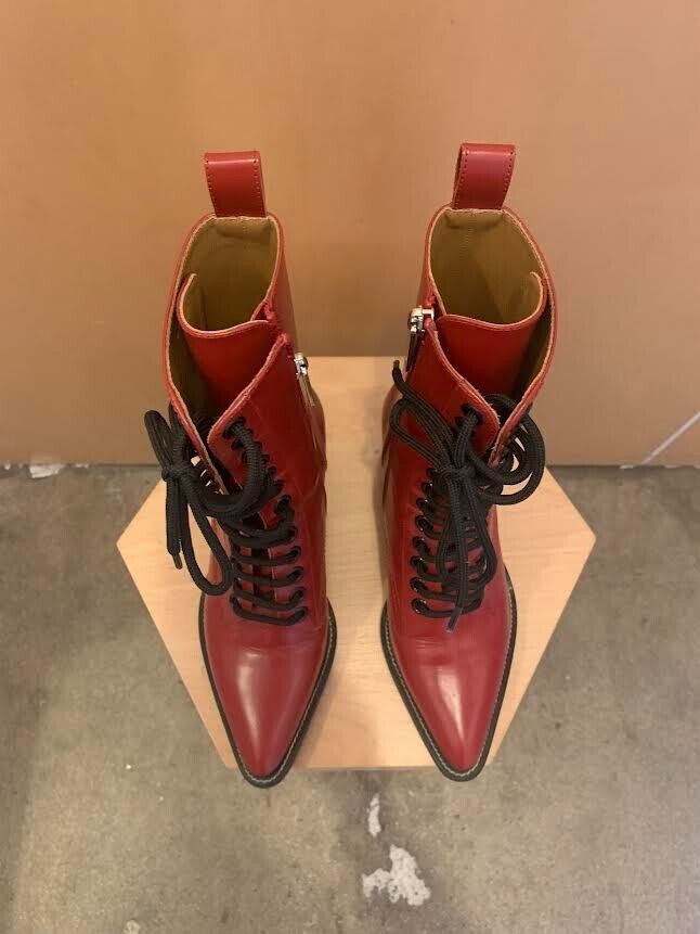 CHLOE Rylee Red Patent Leather Pointed Cuban Heel Lace Up Ankle Boots 36/6/5.5