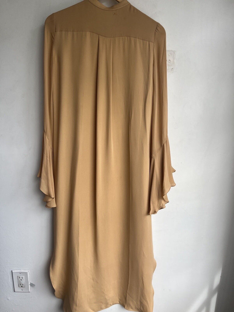 KHAITE Callen Nude Beige Tan Silk Ruffle Long Sleeve Midi Maxi Shirt Dress S