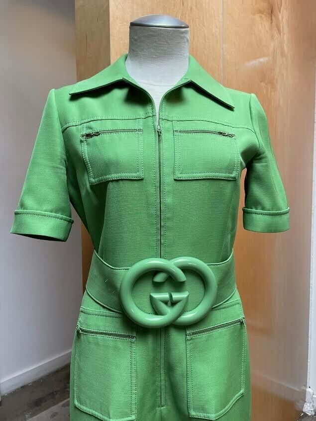 GUCCI Spring 18 Runway Cady Green Silk Wool Short Sleeve Belted Jumpsuit 38/2/0
