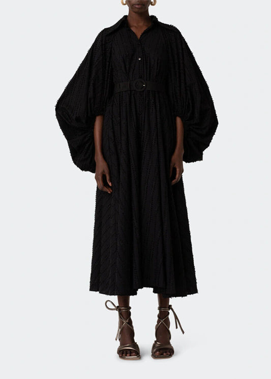 PALMER HARDING Healing Black Fil Coupe Balloon Sleeve Belt Midi Shirt Dress 10