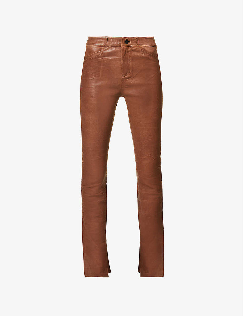 PAIGE NEW Constance Split-Hem Cognac Brown Skinny Mid Rise Leather Trousers 24