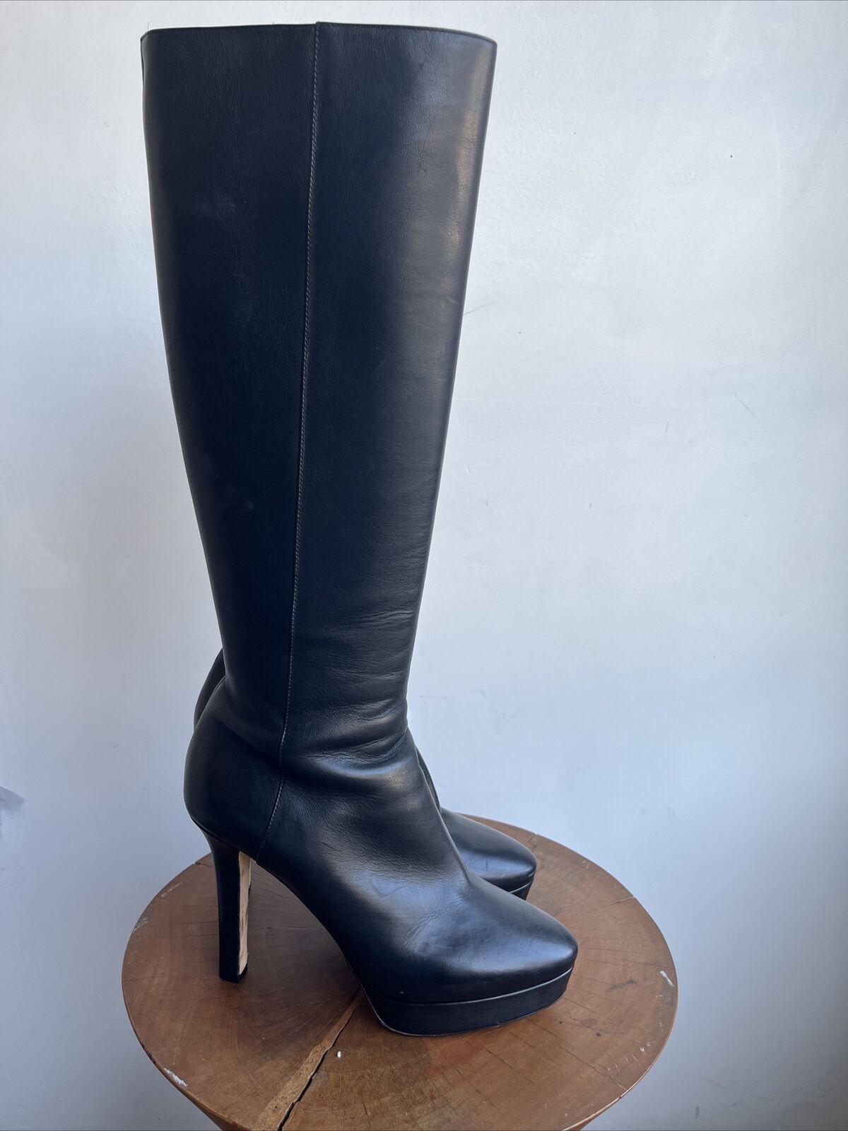 JIMMY CHOO Rare $1,275 Mara Black Leather Platform Knee High Stiletto Boot 39.5