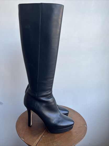 JIMMY CHOO Rare $1,275 Mara Black Leather Platform Knee High Stiletto Boot 39.5