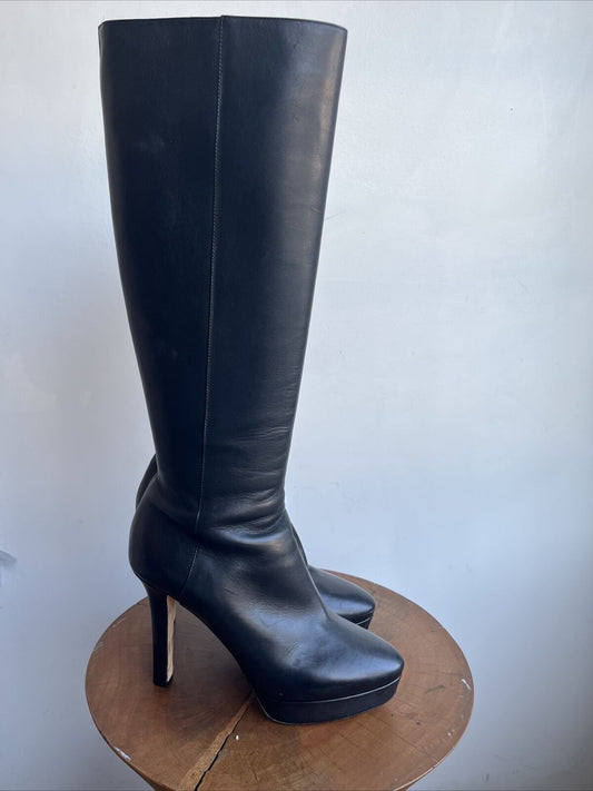 JIMMY CHOO Rare $1,275 Mara Black Leather Platform Knee High Stiletto Boot 39.5