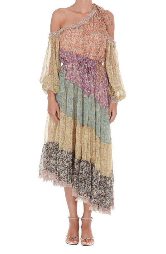 ZIMMERMANN NWT Carnaby Frill Swing Floral Print Asymmetric Silk Midi Dress 2/M