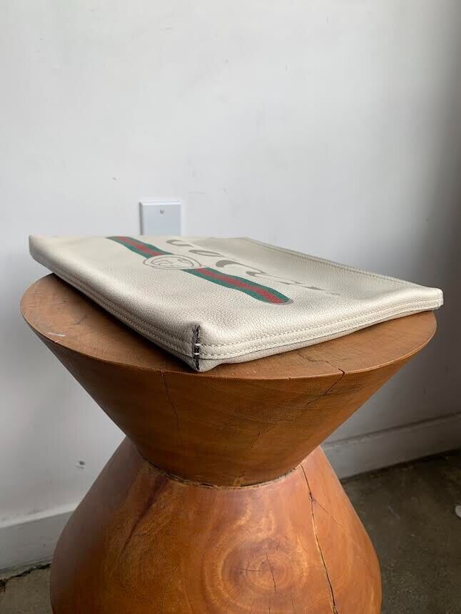 GUCCI Cream Off White Ivory Medium Logo Web Stripe Leather Pouch Clutch Purse