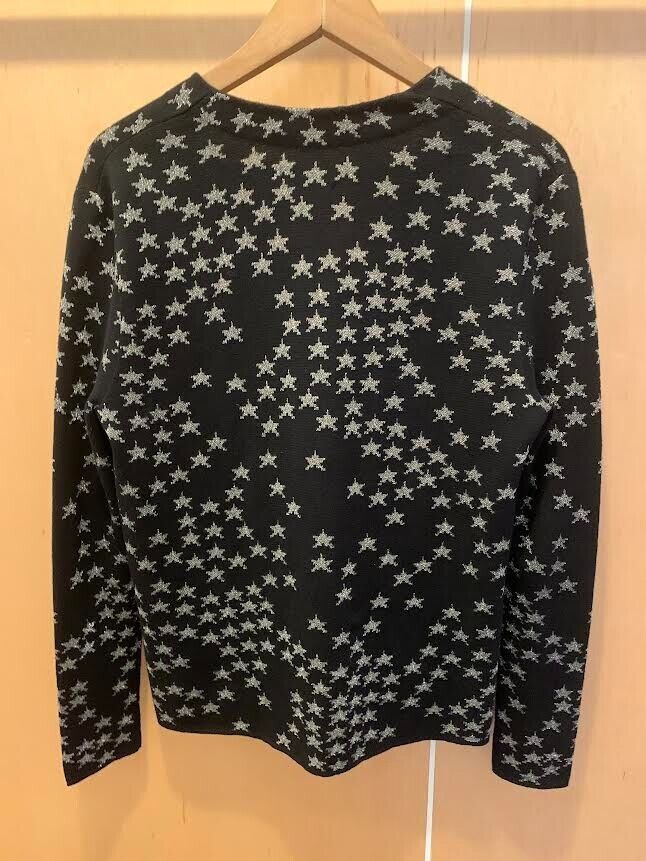 SAINT LAURENT Black Metallic Silver Star Print Knit V-Neck Sweater Cardigan XS