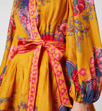 ZIMMERMANN Lovestruck Gold Paisley Linen Floral Long Sleeve Mini Wrap Dress 3/L
