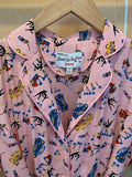 HVN Tender Loving Care $550 Paula Pink Car Print Silk Belted Mini Shirt Dress 4