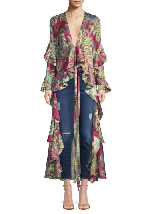 PATBO Samba Maroon Purple Green Botanical Print Ruffle CoverUp Top Duster Robe S