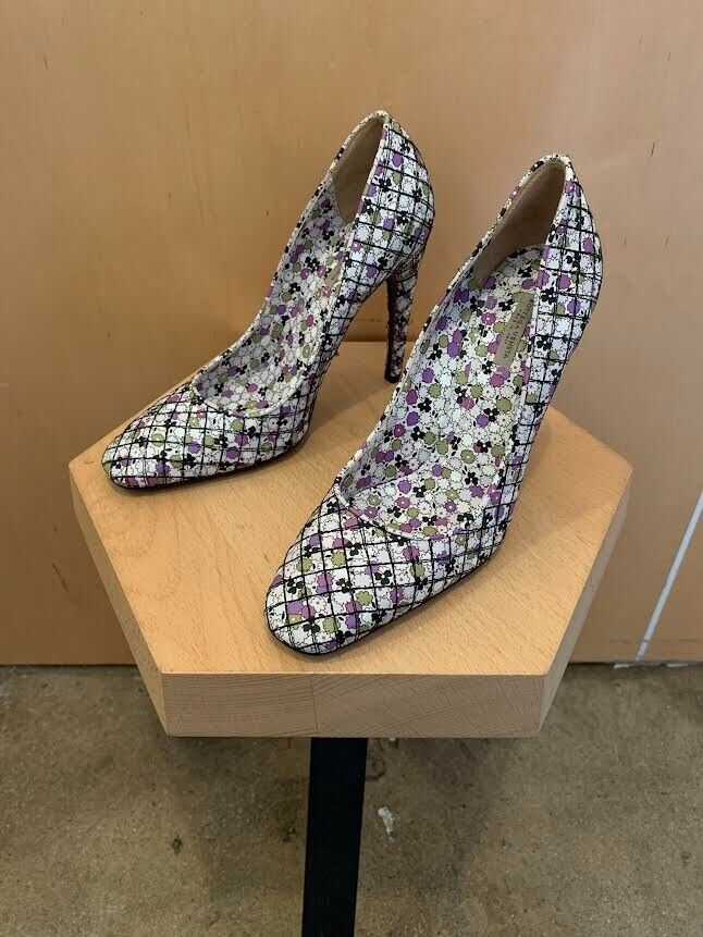 BOTTEGA VENETA Green Purple White Floral Print Quilted Leather Heel Stiletto 38