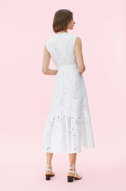 REBECCA TAYLOR NWT Terri Milk White Embroidery Eyelet Belt Midi Wrap Dress 0