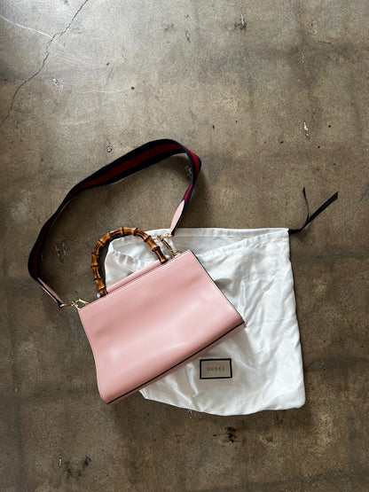 GUCCI NEW Nymphaea Pink Leather Bamboo Handle Web Stripe Shoulder Bag Purse