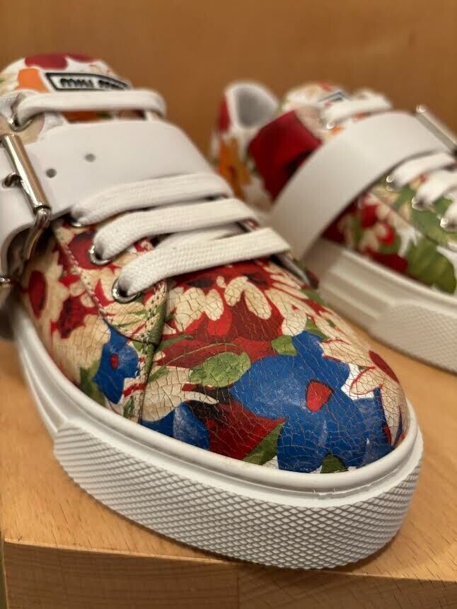 MIU MIU White Multicolor Floral Print Strap Buckle Leather Trainer Sneaker 37/7