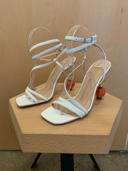JACQUEMUS $750 Bordighera White Leather LaceUp Strappy 80mm Sandal Heel 37/7/6.5