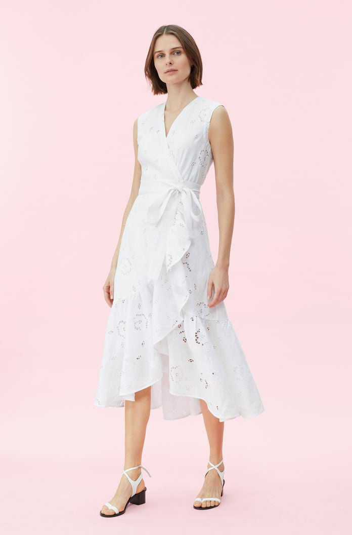 REBECCA TAYLOR NWT Terri Milk White Embroidery Eyelet Belt Midi Wrap Dress 0