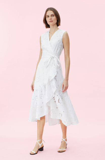 REBECCA TAYLOR NWT Terri Milk White Embroidery Eyelet Belt Midi Wrap Dress 0