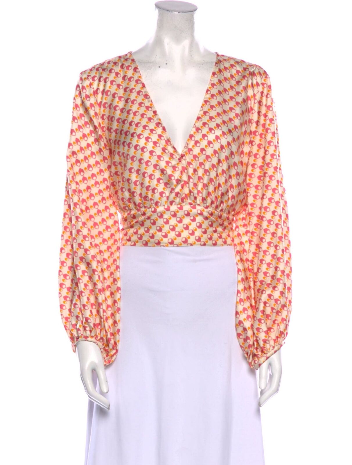 CIAO LUCIA White Pink Orange Geometric Printed Silk Tie Cropped Blouse Top S