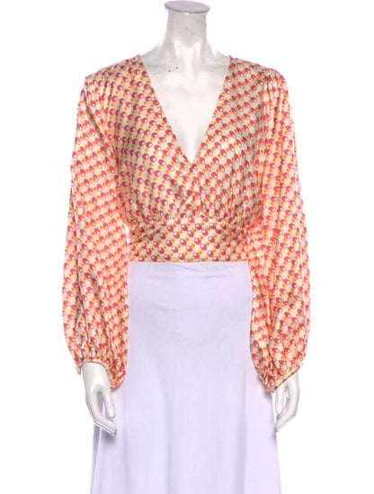 CIAO LUCIA White Pink Orange Geometric Printed Silk Tie Cropped Blouse Top S