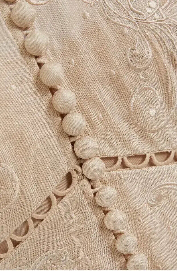 ZIMMERMANN $2875 Super Eight Embroidered Bone Beige Linen Silk Midi Gown Dress 0