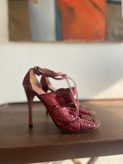 ALAIA Cerise Red Snakeskin Animal Print TStrap Strappy Sandal Heel 6.5/7/37