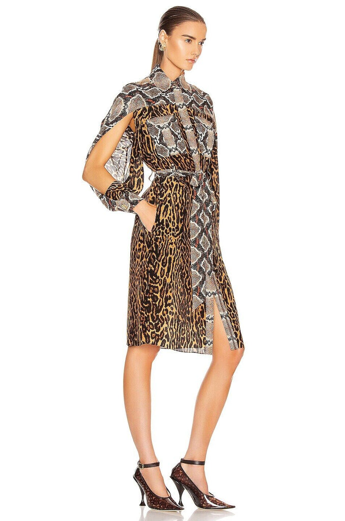 BURBERRY Costanza Brown Snakeskin Leopard Animal Print Silk Belt Shirt Dress 42