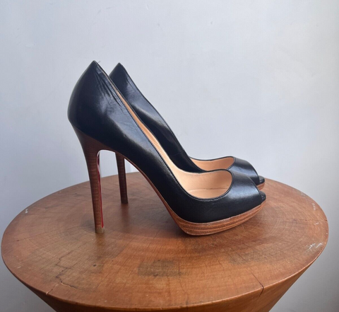 CHRISTIAN LOUBOUTIN Peanut 70mm Black Suede Leather Round Toe Wedge Heel 39