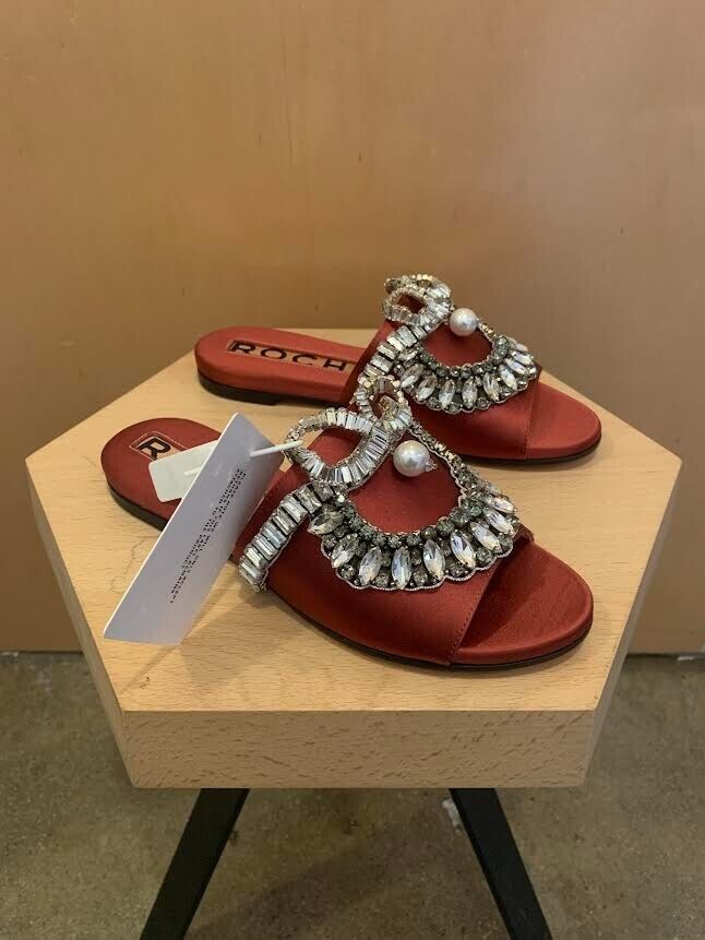 ROCHAS NWT $1,300 Berry Red Crystal/Pearl Embellished Silk Mule Flat Slide 35.5