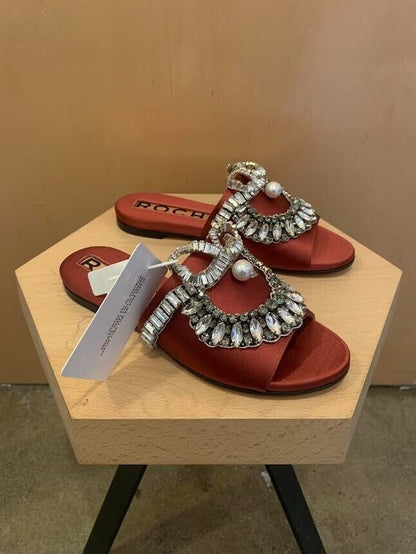 ROCHAS NWT $1,300 Berry Red Crystal/Pearl Embellished Silk Mule Flat Slide 35.5