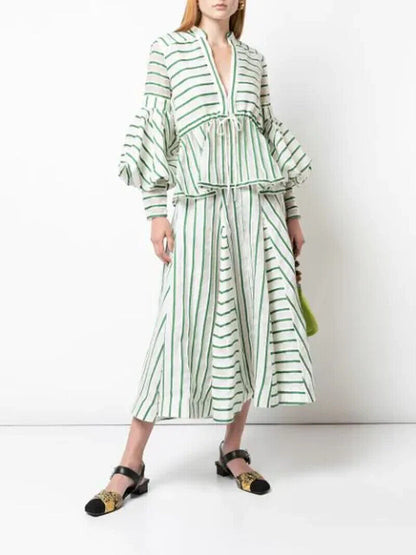 ROSIE ASSOULIN NWT Flouncy Striped White Green Stripe Print Organza Midi Skirt 6