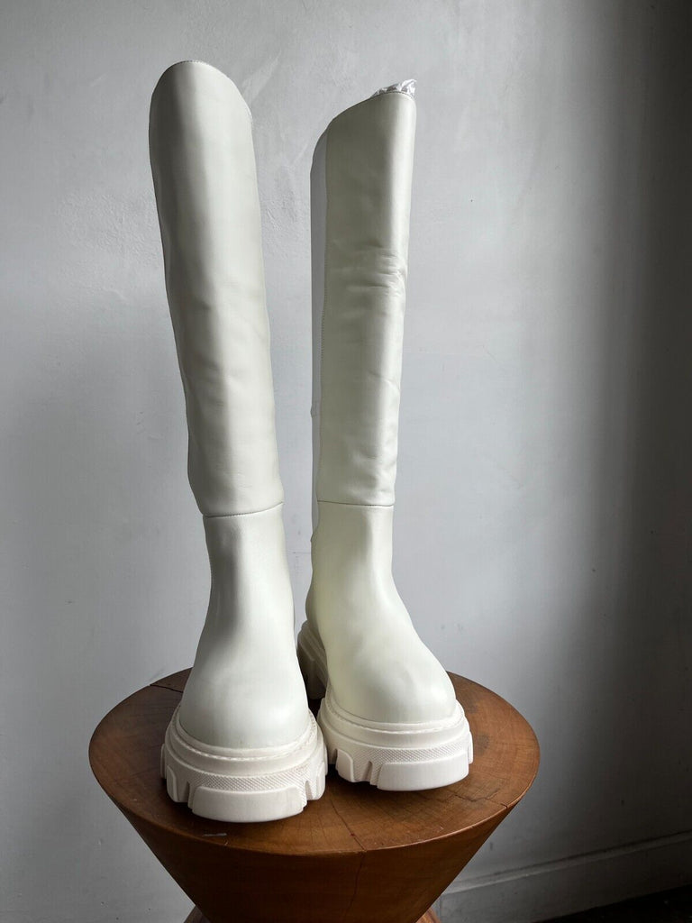 GIA BORGHINI Gia 12 White Ivory Leather Fabric Knee Thigh High Platform Boots 38
