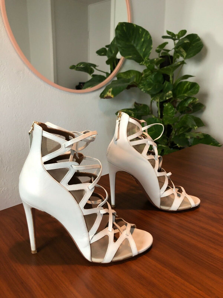 AQUAZZURA	French Lover Bridal White Leather Mesh Lace Up Stiletto Heels 37.5/7.5