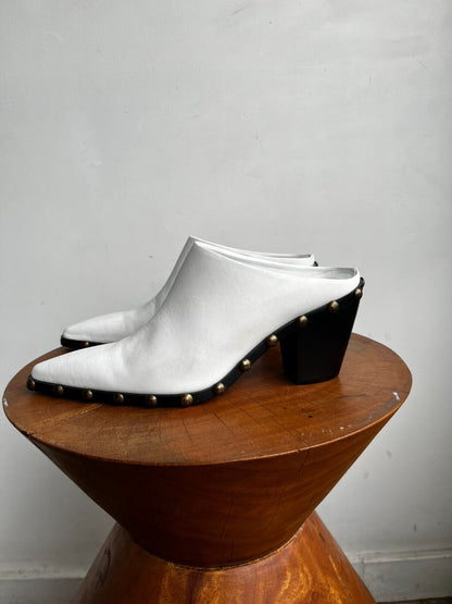 ILIO SMERALDO Grece Ghanem White Leather Studded Western Mule Slide Heels 37.5