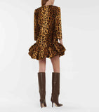 KHAITE Lorie Brown Cheetah Animal Leopard Print Velvet Long Sleeve Mini Dress 4