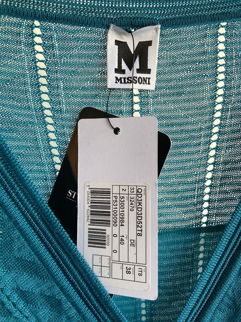 MISSONI NWT Teal Blue Bodycon Long Sleeve Wool V-Neck Midi Knit Dress 38/2/0
