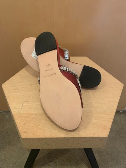 ROCHAS NWT $1,300 Berry Red Crystal/Pearl Embellished Silk Mule Flat Slide 35.5