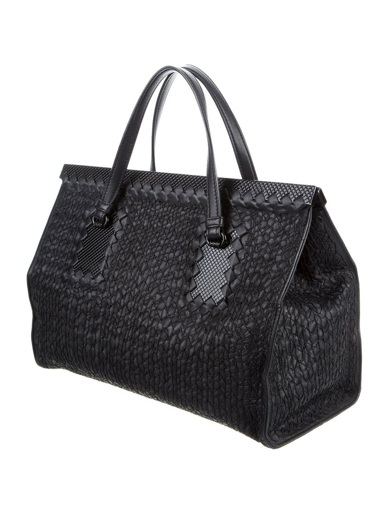 BOTTEGA VENETA Tricot Intrecciato Black Leather Raffia Medium Hand Bag Purse