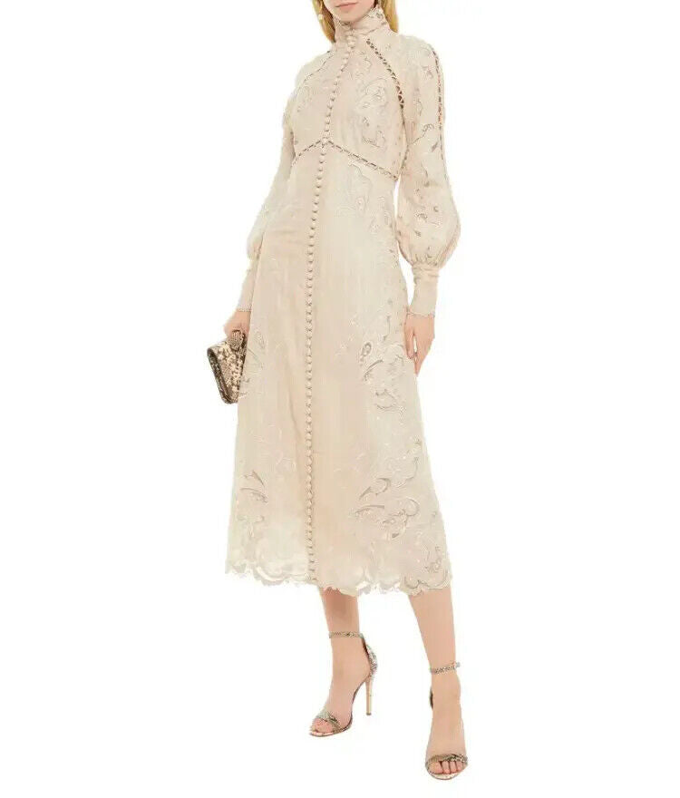 ZIMMERMANN $2875 Super Eight Embroidered Bone Beige Linen Silk Midi Gown Dress 0