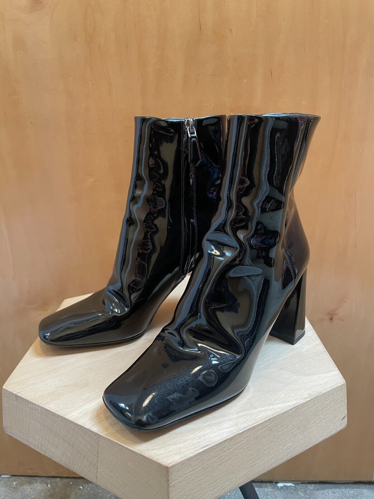 PRADA Black Patent Leather Square Toe Chunky Heel Ankle Bootie Boot 36