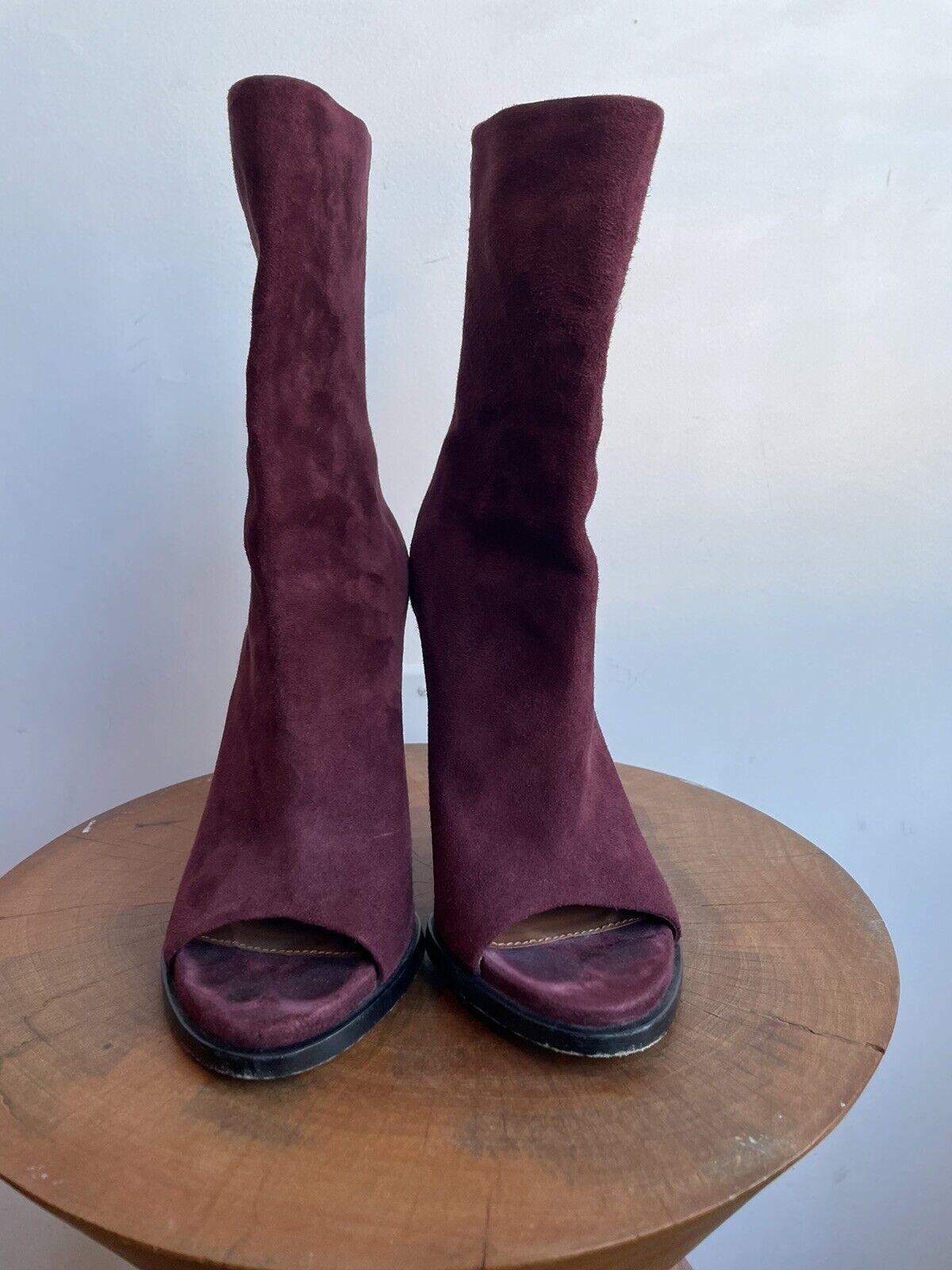 GIVENCHY Purple Burgundy Maroon Suede Leather Peep Toe Stiletto Ankle Boot 37.5