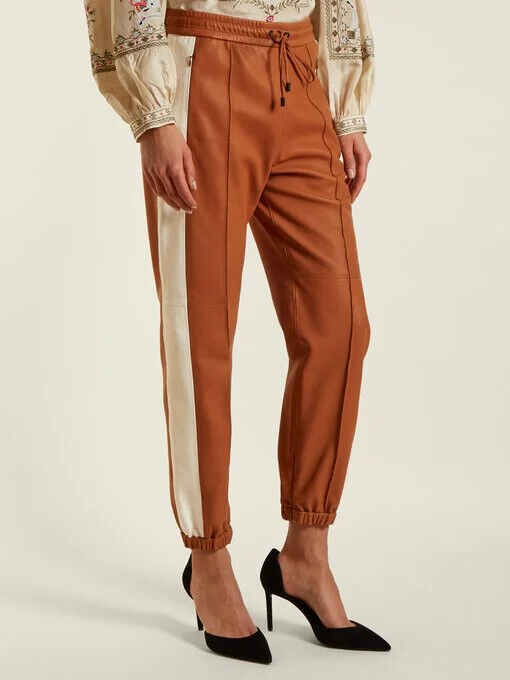 ISABEL MARANT Coy Brown White Leather Stripe Jogger Trouser Dress Pant 34/2/0