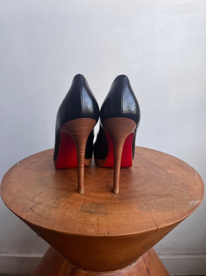CHRISTIAN LOUBOUTIN Lady Black Leather Platform Peep Open Toe Stiletto Heels 37