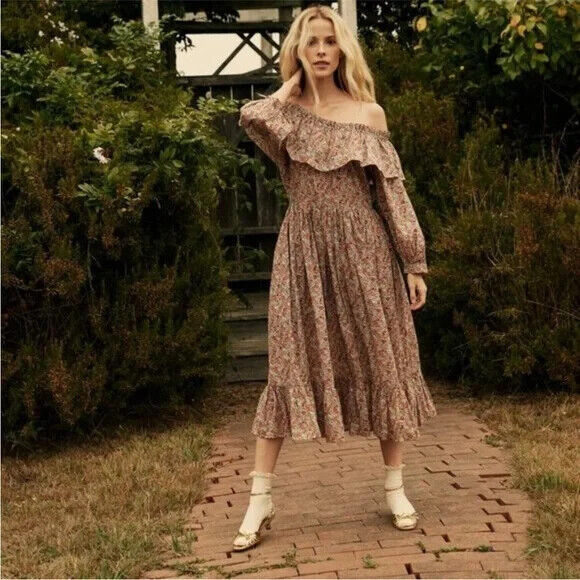 DOEN Darcy Liberty Red Chivre Floral Print Ruffle Long Sleeve Maxi Dress XXS