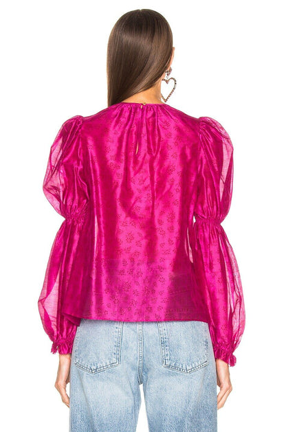 ULLA JOHNSON Aster Fuchsia Bright Pink Silk Floral Print Puff Slv Top Blouse 10